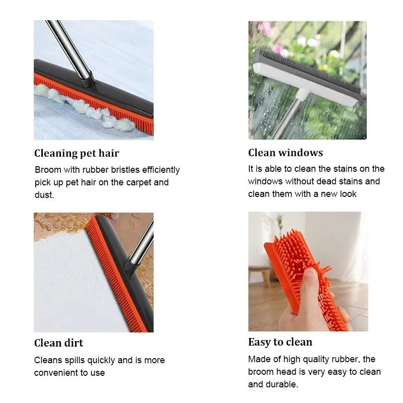 Rubber Broom Carpet Rake with Squeegee Adjustable Length for Pet Hair Fur Remover Broom for Fluff Carpet Hardwood Floor No Scra