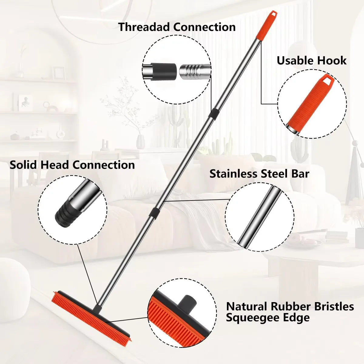 Rubber Broom Carpet Rake with Squeegee Adjustable Length for Pet Hair Fur Remover Broom for Fluff Carpet Hardwood Floor No Scra