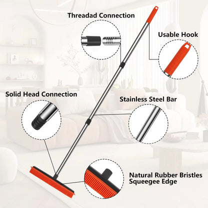 Rubber Broom Carpet Rake with Squeegee Adjustable Length for Pet Hair Fur Remover Broom for Fluff Carpet Hardwood Floor No Scra